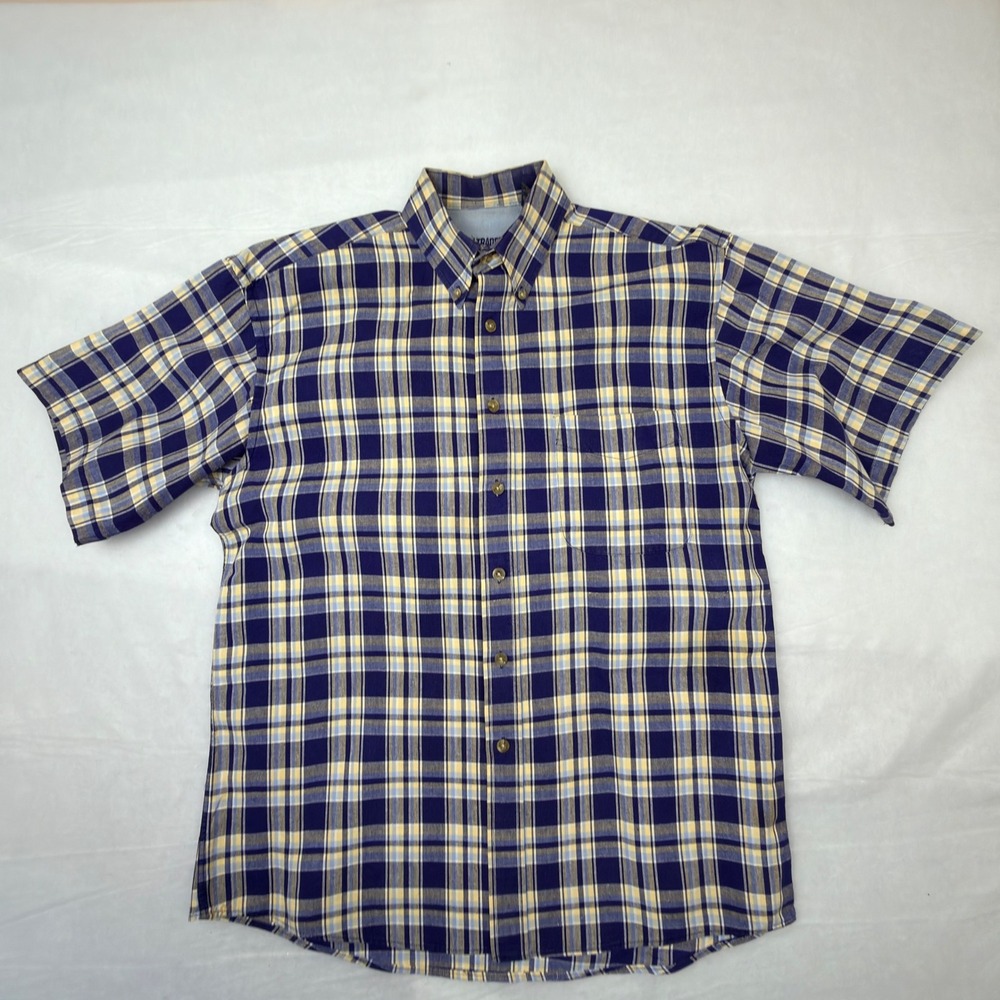 Gulf Traders Classic Men Blue Yellow Plaid Short Sleeve Cotton Button Down Mediu